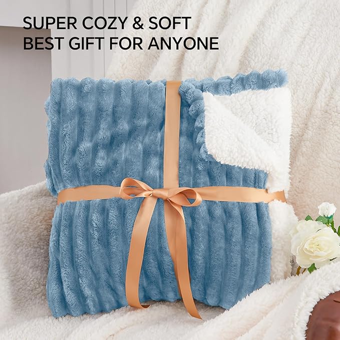 INFIIXSO Sherpa Fleece King Size Blanket - Super Soft & Warm Striped Fleece, Cozy Plush Fluffy Large Bed Blanket All Season Use (Light Blue, 104x90 Inches)