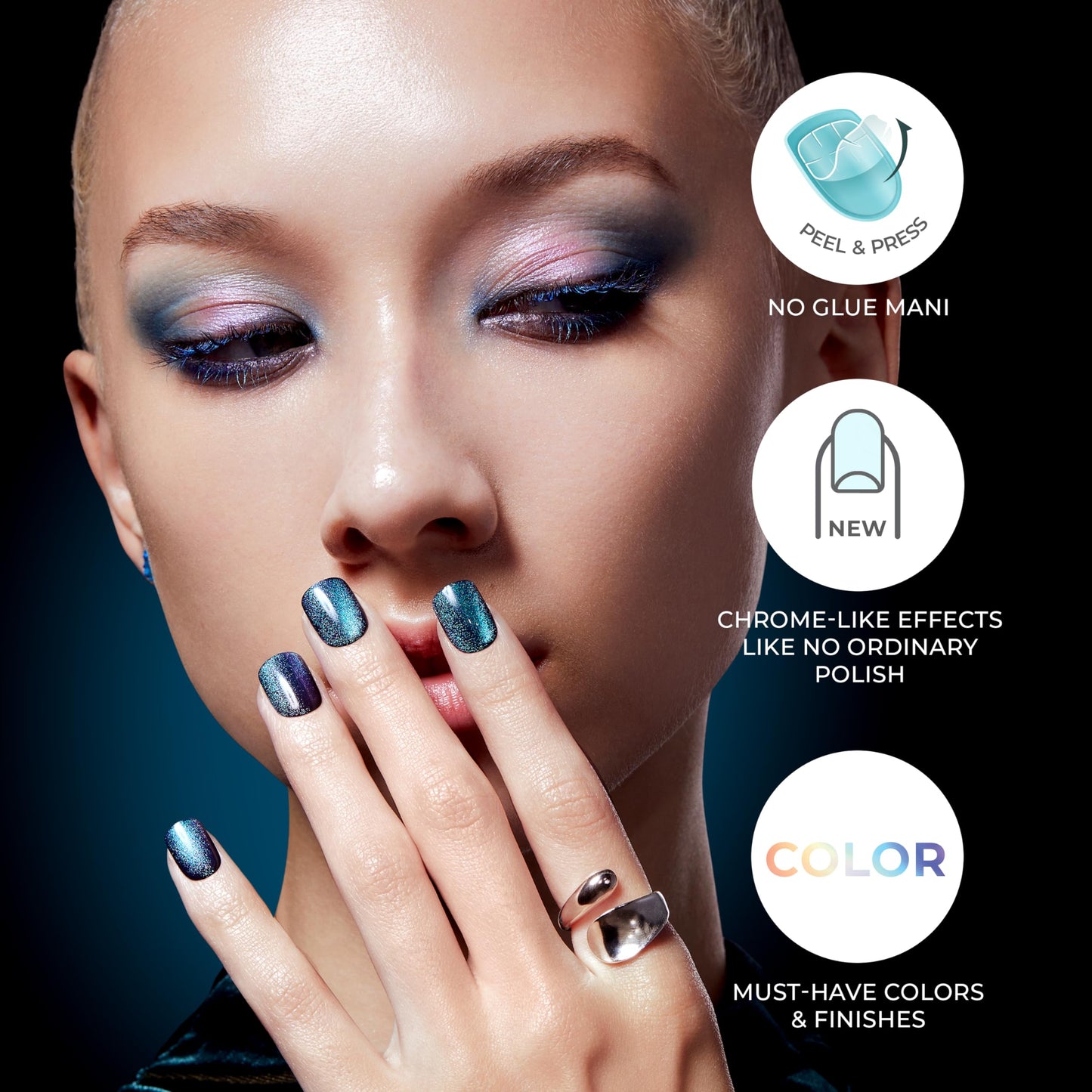 Kiss Impress No Glue Mani Press On Nails, Color FX, 'Meta', Blue, Short Size, Squoval Shape, Includes 30 Nails, Prep Pad, Instructions Sheet, 1 Manicure Stick, 1 Mini File