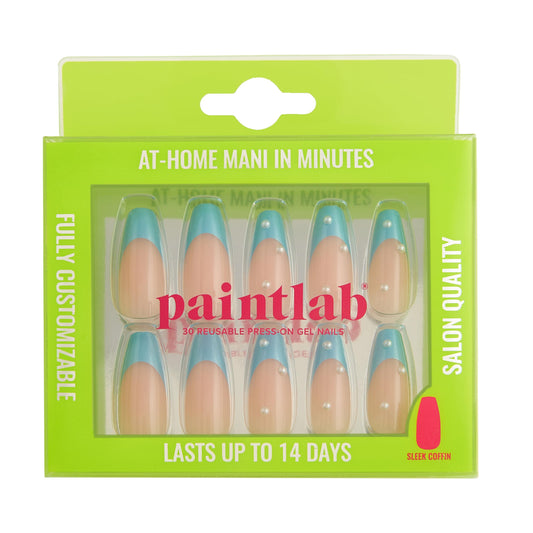 PaintLab Press On Nails - Blue Moonlit Periwinkle 3D Pearl Coffin Fake Nails, 30 Nails in 15 Sizes with Glue, Reusable Salon Quality Press On Nails