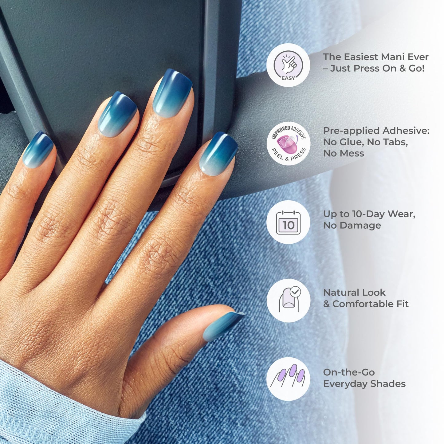 Kiss Impress No Glue Mani Press On Nails, Color, 'Baby why so Blue', Blue, Short Size, Squoval Shape, Includes 30 Nails, Prep Pad, Instructions Sheet, 1 Manicure Stick, 1 Mini File