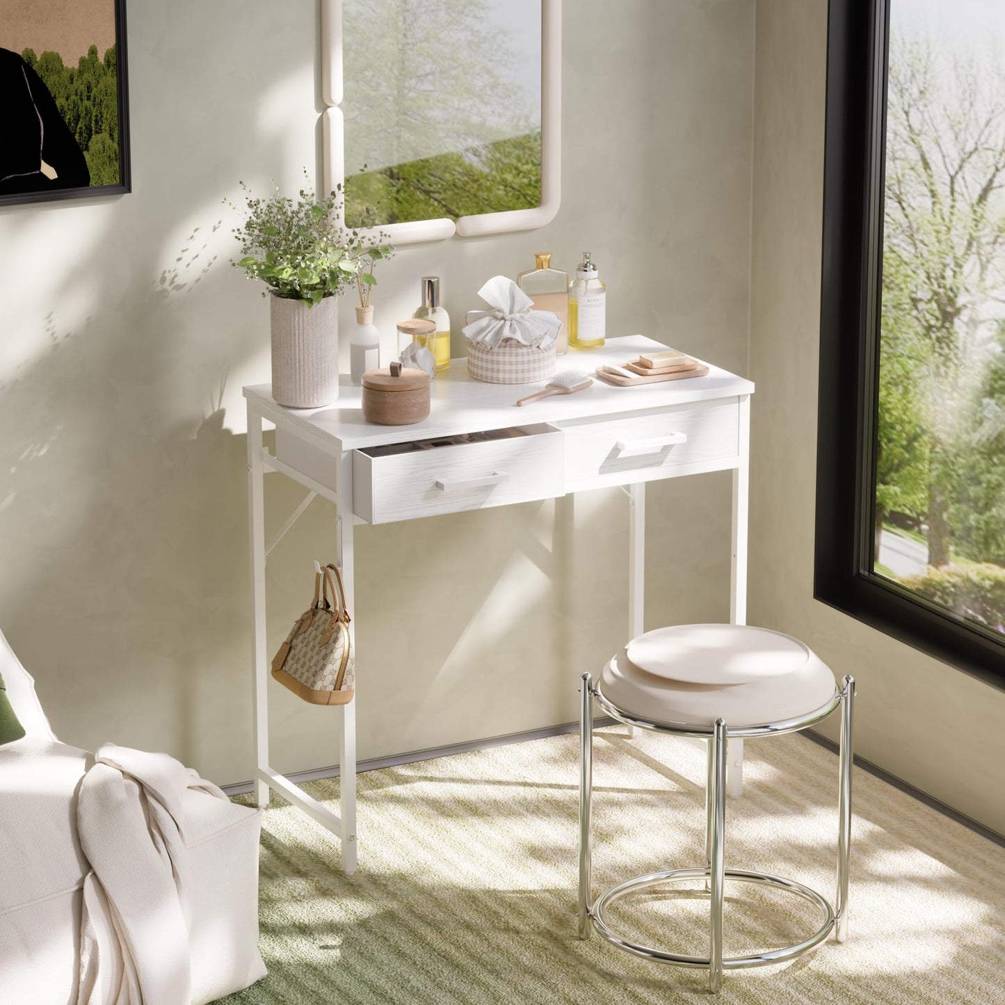 Pamray 32 Inch Small Computer Desk with 2 Drawers for Bedroom Study Writing Home Office Table for Small Spaces White