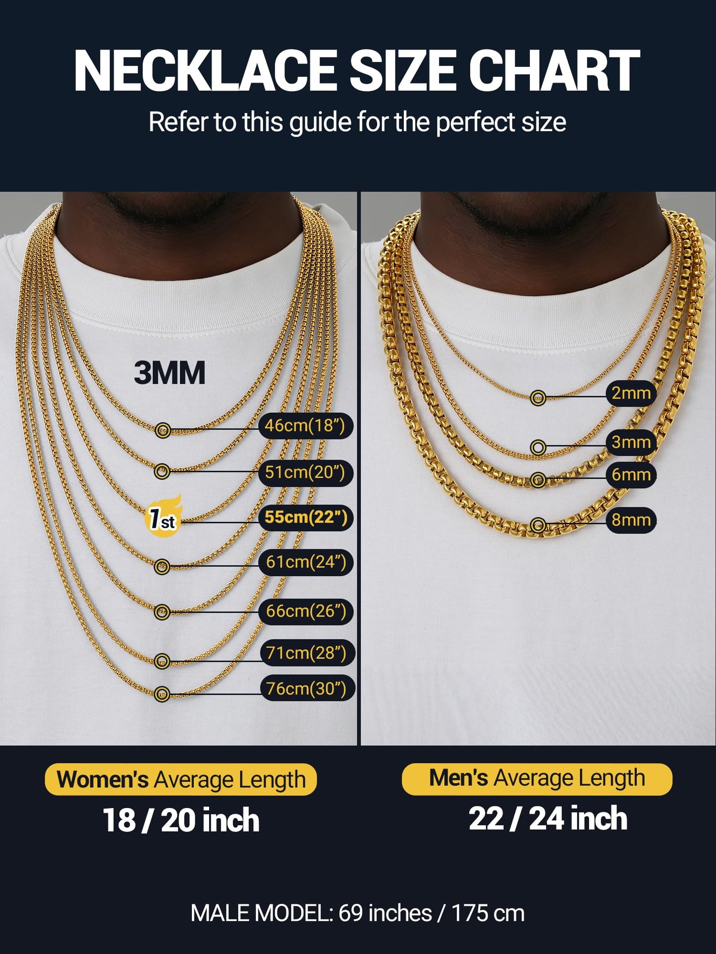 PROSTEEL Mens Chain Necklace, Squre Rolo Cable Chains 8mm Chunky 18K Gold Necklace Waterproof & Non Tarnish Men and Women Jewelry with Gift Box 18in