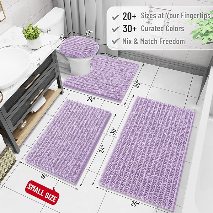 Arotive Luxury Chenille Bathroom Rug Mat, Extra Soft Thick Absorbent Shaggy Bath Rugs, Non-Slip Machine Wash Dry, Plush Bath Mats for Bathroom, Shower and Tub, 36x24, Light Purple