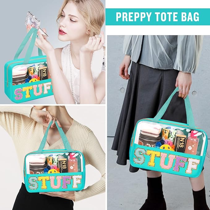Preppy Clear Stuff Makeup Bags with Chenille Letter Patches, Travel Essentials Large Clear Make up Bag Zipper Pouch with Handle, Waterproof Nylon Cosmetic Toiletry Storage Tote for Women (STUFF-Green)