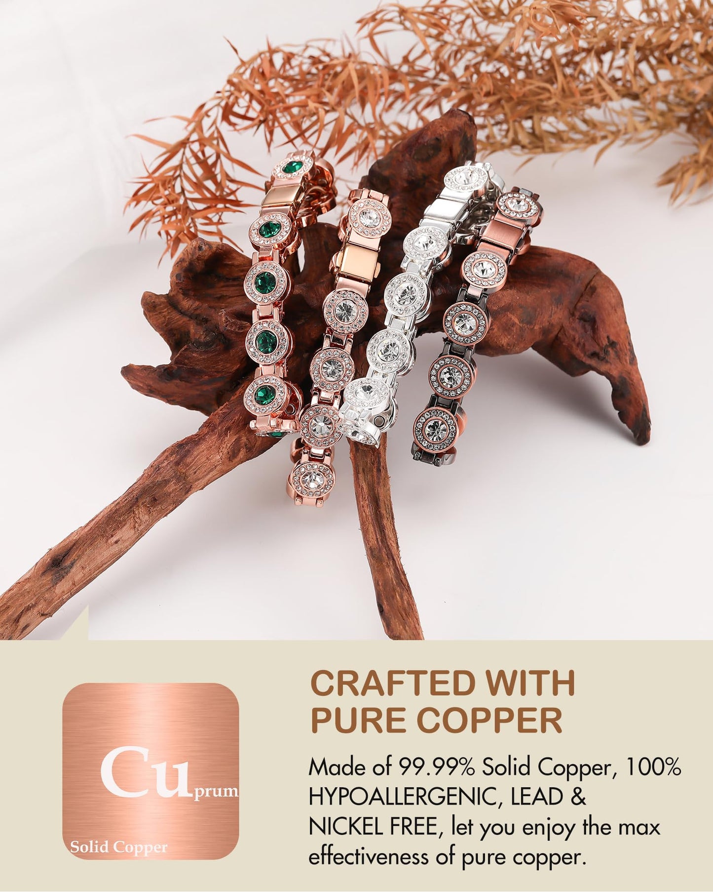 Feraco Pure Copper Bracelets for Women, 4X Ultra Strength Magnetic Bracelet with 3800 Gauss Neodymium Magnets & Sparkling Austrian Cut Crystals, Adjustable Jewelry Gift (Silver)