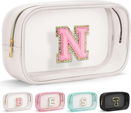 YOOLIFE Initial Make Up Bag Travel Toiletry Bag, Clear Makeup Bag Preppy Cosmetic Bag Clear Makeup Bags With Zipper Girlfriend Teacher 6 Year Old Girl Gifts Daughter Gifts Swim Gifts For Girls White N