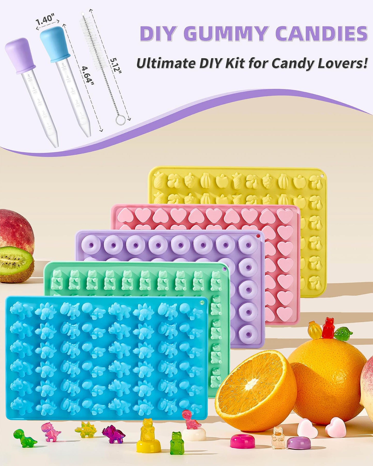 Silicone Gummy Molds Set of 5, Non-stick Candy Chocolate Molds with 2 Droppers 1 Clean Brush, Includes Dinosaur Bear Donut Fruit Heart Shape