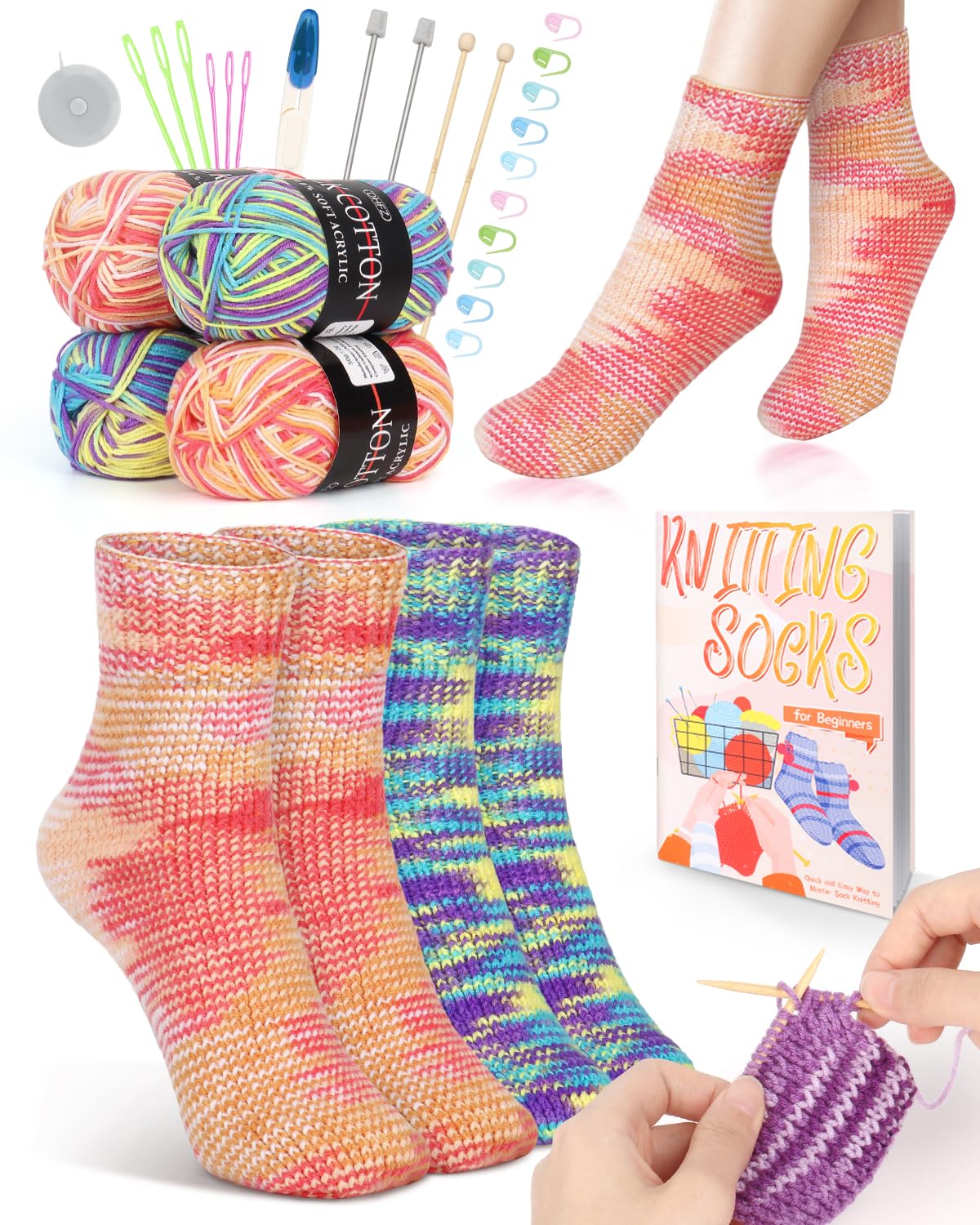 Katech Beginner Knitting Kit for Adults, 4 Pcs Socks Yarn Knitting Kit with Step by Step Instruction and 4 Knitting Needles, Knitting Starter Kit for Learn to Knit Craft Kits Gift