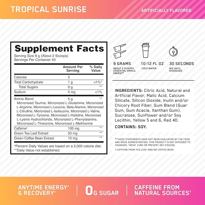 Optimum Nutrition New Flavor Amino Energy - Pre Workout with Green Tea, BCAA, Amino Acids, Keto Friendly, Green Coffee Extract, Energy Powder - Tropical Sunrise, 65 Servings (Packaging May Vary)