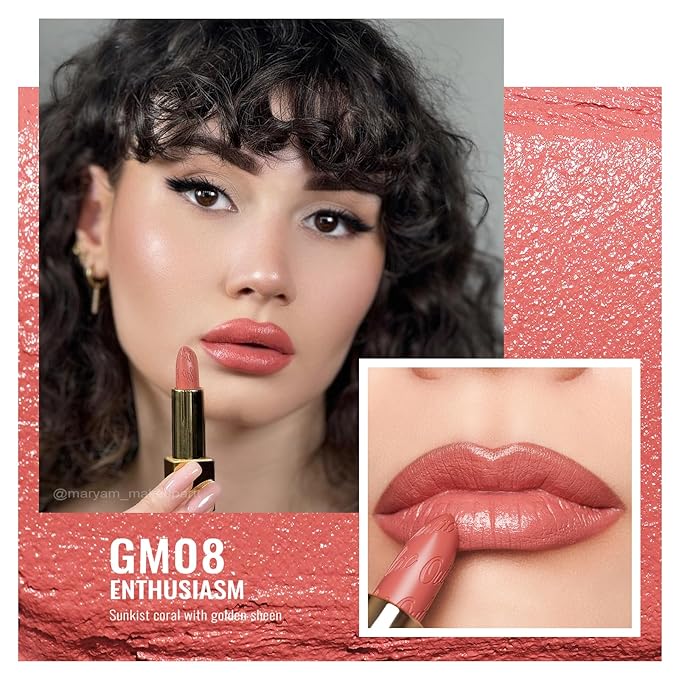 Oulac Coral Matte Lipstick with Glow Metallic Finish - Vegan Lipstick for Women, Creamy Texture, Hydrating Clean Beauty Formula, High-End Magnetic Hook Design, GM08 Enthusiasm