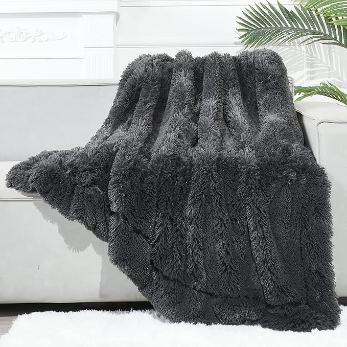 GONAAP Fuzzy Faux Fur Throw Blanket Twin Size Dark Grey Super Soft Cozy Plush Fuzzy Shaggy Blanket for Couch Sofa Bed (Dark Grey, Twin(60"x80"))