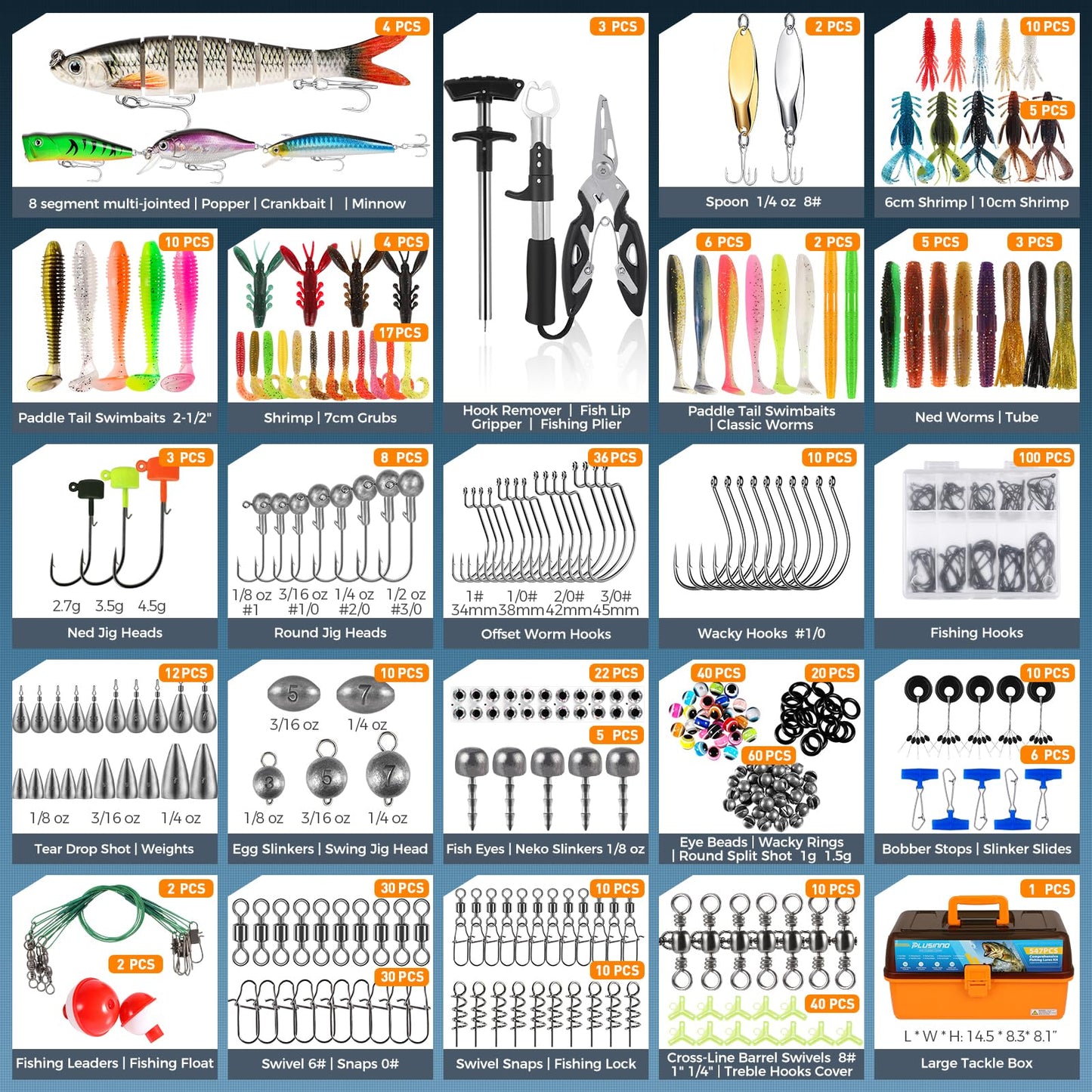 PLUSINNO Large 4-Layer Tackle Box with Tackle Included, 547Pcs Fishing Lures Kit - Pliers, Crankbait, Hooks, Weights & Accessories - Freshwater Bass Fishing Bait Lure Gear and Equipment, Gift for Men