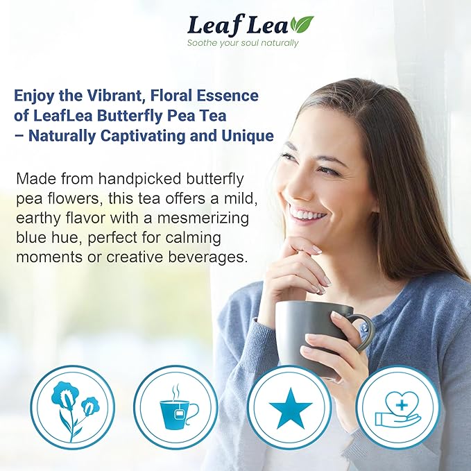 LeafLea 80 Butterfly Pea Flower Tea Bags, Natural Herbal Tea for Blue and Purple Drinks, Mocktails, and Food Coloring, Caffeine-Free, Sugar-Free, Non-GMO, Pack of 2