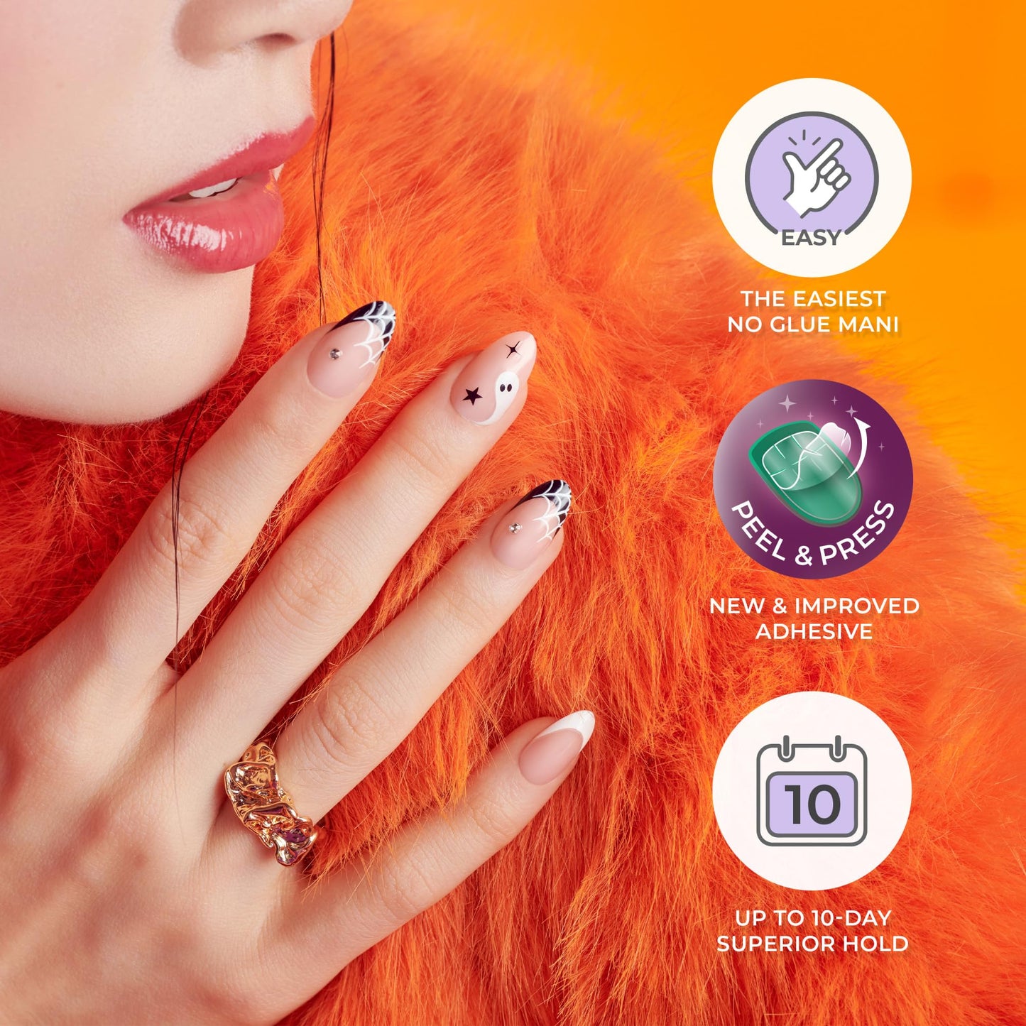 KISS imPRESS Halloween Press On Nails Almond, ‘Drop-dead Gorg’, White, Medium, Glossy Finish, No Glue, Glow-In-The-Dark, Includes Prep Pad, Mini Nail File, Manicure Stick & 30 Fake Nails