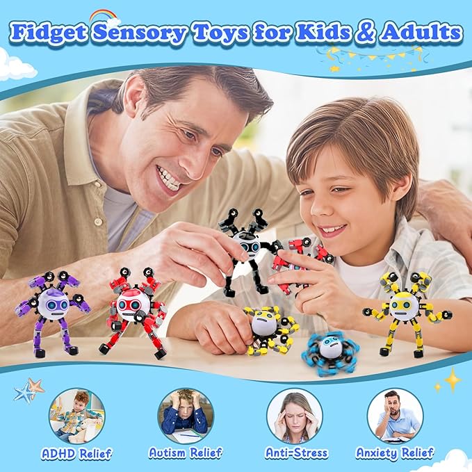 4 PCS Transformable Fidget Spinners Toys for Kids and Adults Stress Relief Sensory Toy for Teens Boys Autism Cool Fingertip Gyros Boy Girl Travel Party Favors Birthdays Gifts Stocking Stuffer