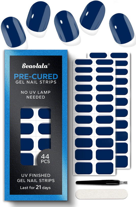 Beaolata Real Gel Nail Strips (No UV Light Needed) - 44Pcs Salon Quality Nail Stickers - Long Lasting Polish Wraps for Women, Easy Apply & Remove (Abyssal Blue)