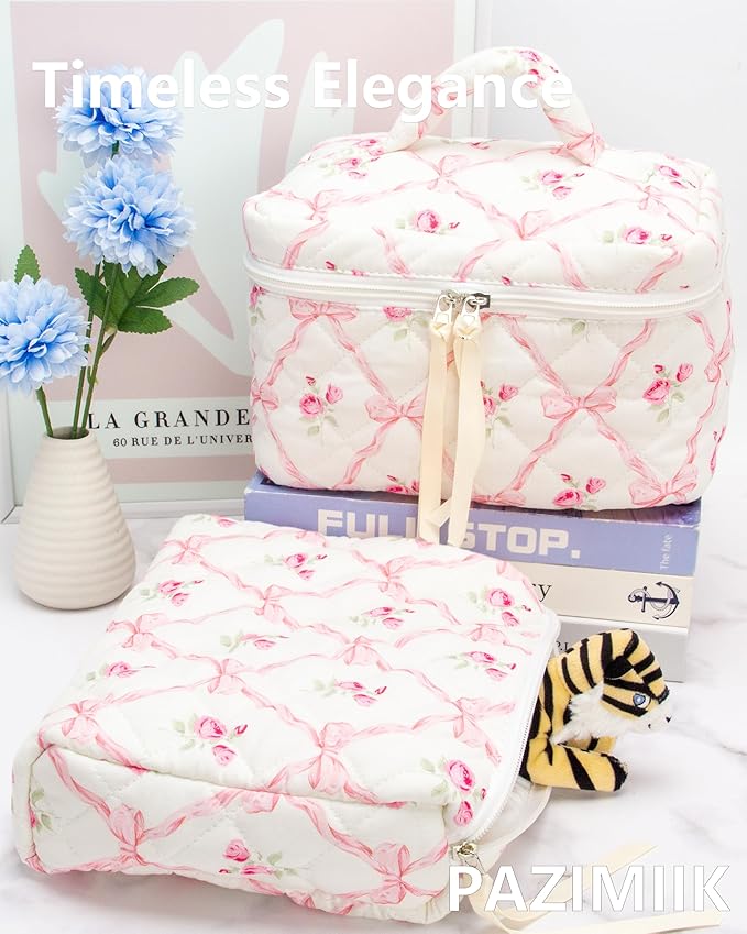 PAZIMIIK Quilted Makeup Bag Large Travel Zipper Soft Cosmetic Case for Women Girls Make Up,Bow Rose