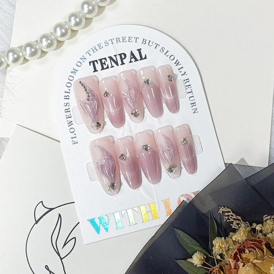 TENPAL Gradient Purple Press on Nails Long Almond,Cat Eye Mermaid Tail Designs Fake Nails,Detachable Acrylic Glitter False Nails with Tools,Handmade Glossy Artificial Glue on Nails,Medium Size