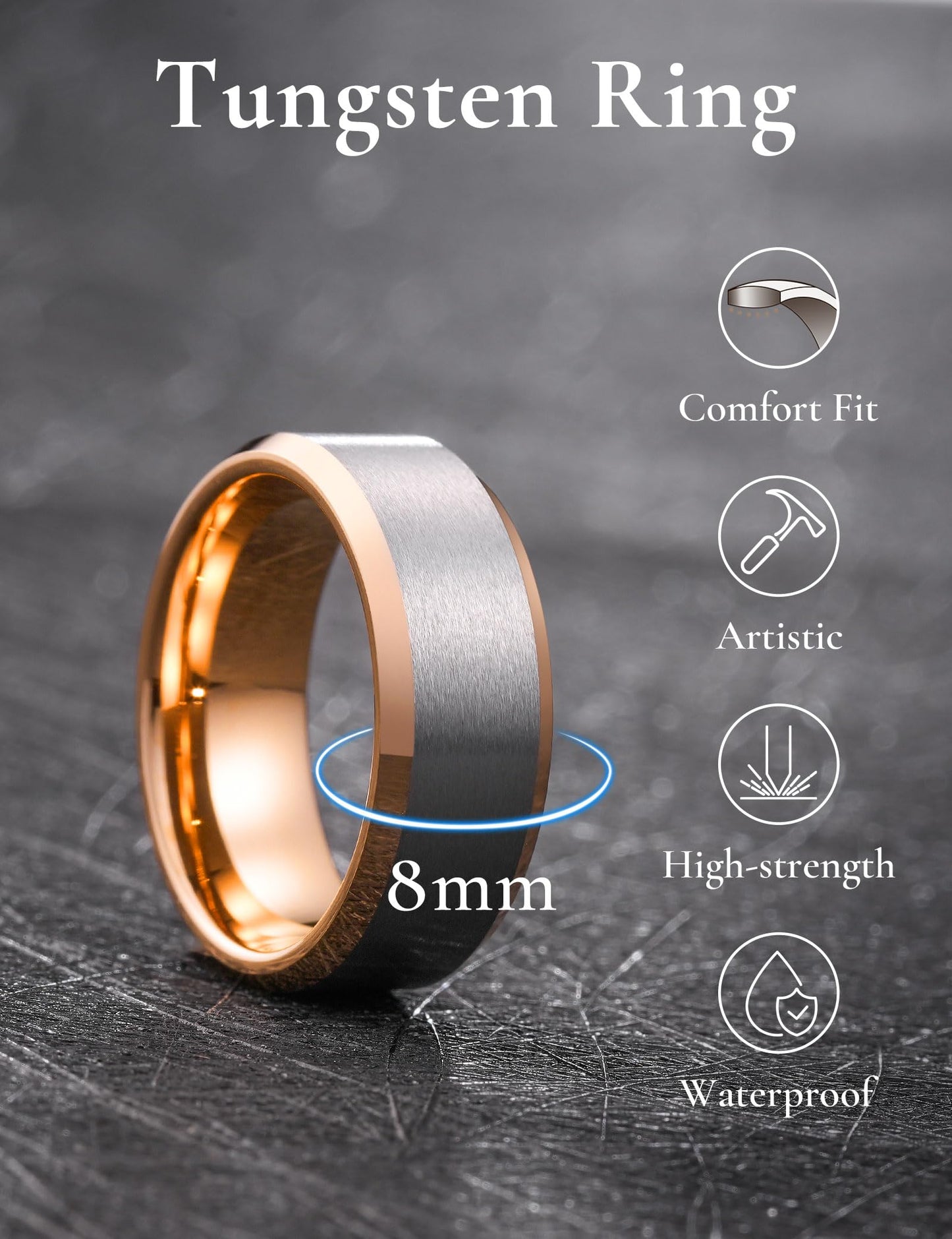 King Will 8mm Classic Tungsten Rings for Men Two-Tone Mens Wedding Bands Simple Engagement Promise Ring Matte Brushed Beveled Edges Comfit Fit Durable, Silver & Rose Gold Plated Size 12
