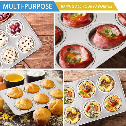 E-far Muffin Pan Set of 2, Stainless Steel Muffin Pan Tin for Baking, 6-Cup Metal Cupcake Pan Tray, Non-toxic & Healthy, Oven & Dishwasher Safe, Regular Size - 11.44 x 7.12 x 1.25 Inch
