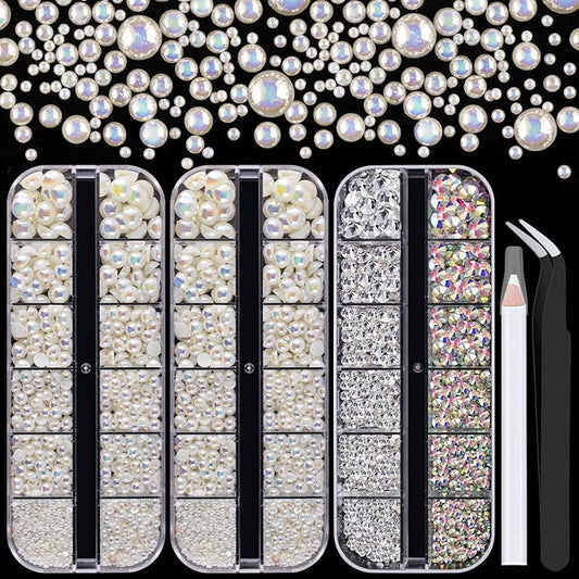 4000PCS Flatback Rhinestones and Half Round Pearls Kit #3, Multi Size Glass Clear & AB Crystals, Plastic Flat Back Beige AB Dome Bead with Pickup Pencil and Tweezer for Nail Art
