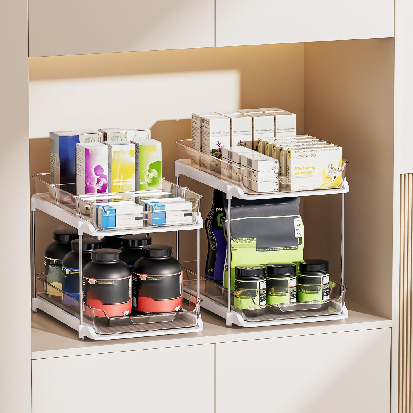Delamu 2-Tier Multi-Purpose Bathroom Under Sink Organizers and Storage, Stackable Kitchen Pantry Organization, Pull Out Medicine Cabinet Organizer with Movable Dividers, White, 2 Pack