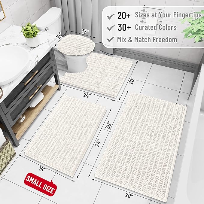 Arotive Luxury Chenille Bathroom Rug Mat, Extra Soft Thick Absorbent Shaggy Bath Rugs, Non-Slip Machine Wash Dry, Plush Bath Mats for Bathroom, Shower and Tub, 44x24, Ivory