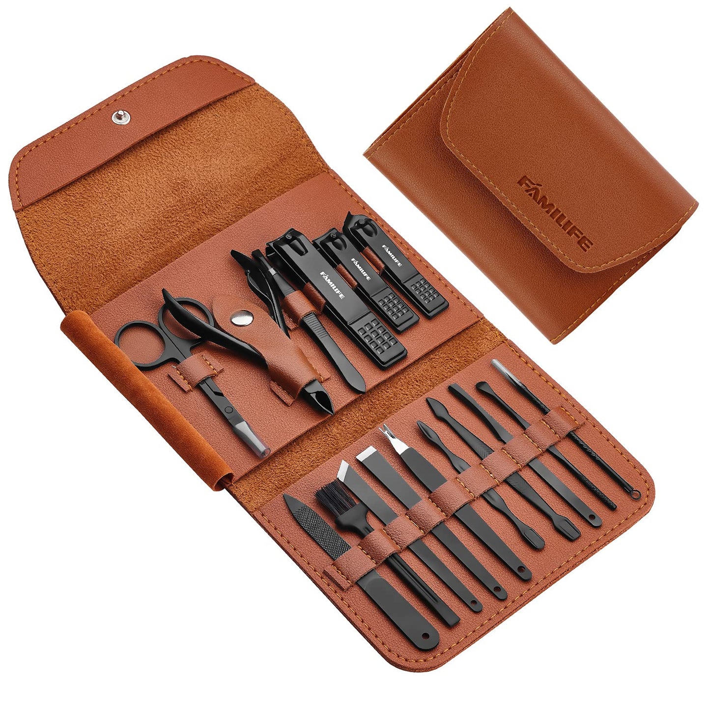 FAMILIFE Manicure Set, Professional Manicure Kit Nail Clippers Set 13pcs Stainless Steel Pedicure Tools Kit Grooming Kit Brown and Gifts for Men 16pcs Nail Clippers Pedicure Kit Manicure Kit Nail Clip