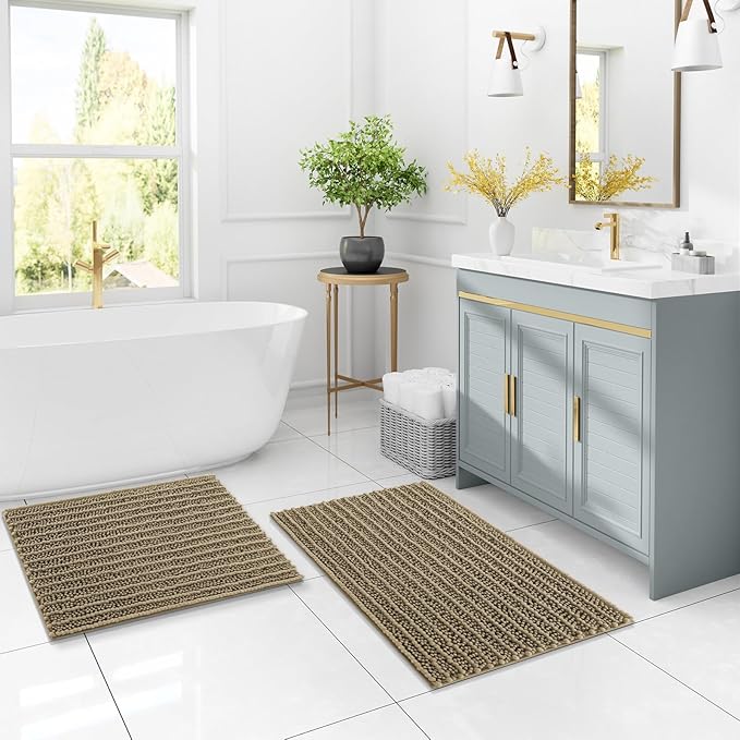 Arotive Luxury Chenille Bathroom Rug Mat, Extra Soft Thick Absorbent Shaggy Bath Rugs, Non-Slip Machine Wash Dry, Plush Bath Mats for Bathroom, Shower and Tub, 24x16, Camel