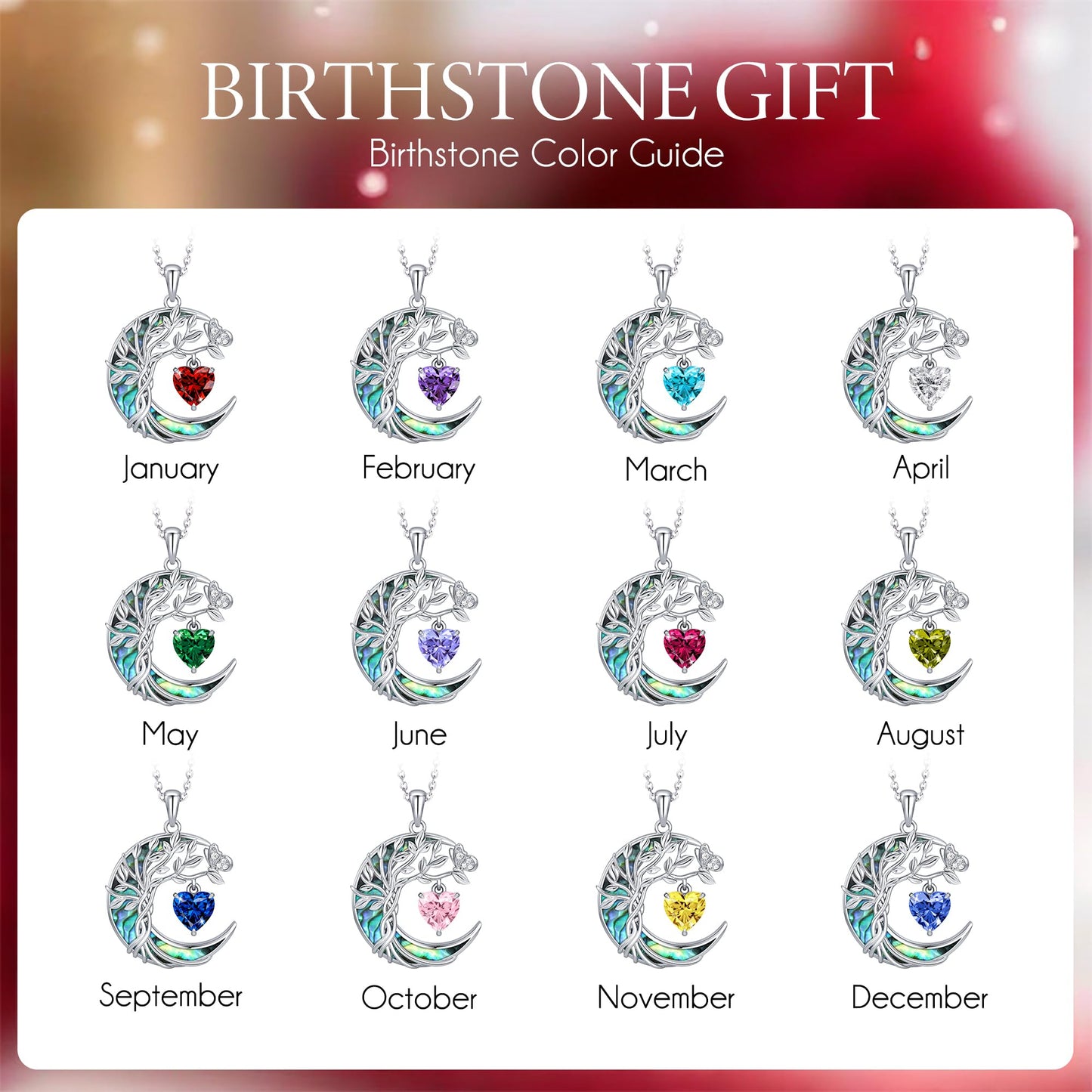 Distance Tree of Life Birthstone Necklace for Women, S925 Sterling Silver Premium Abalone Shell Moon Pendant June Heart Birthstone Necklace, Alexandrite Jewelry Christmas Birthday Gifts for Her Wife