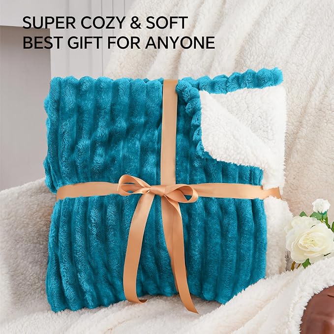 INFIIXSO Sherpa Fleece Queen Size Blanket - Super Soft & Warm Striped Fleece, Cozy Plush Fluffy Large Bed Blanket All Season Use (Teal, 90x90 Inches)