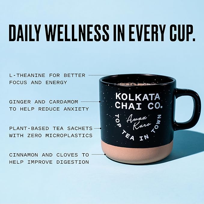 Kolkata Chai - Signature Chai Tea Bag, 45 Count, Premium Organic Assam Black Tea and Spices, Compostable Tea Bags, Vegan, All Natural