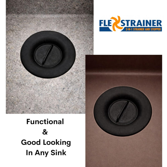 Flex Strainer® Sink Drain Strainer with Optional Stopper – No Center Stem, Fits Standard 3½” Sink Drains & Disposals – Easy Clean, Dishwasher Safe – Made in USA – Black, 2-Pack