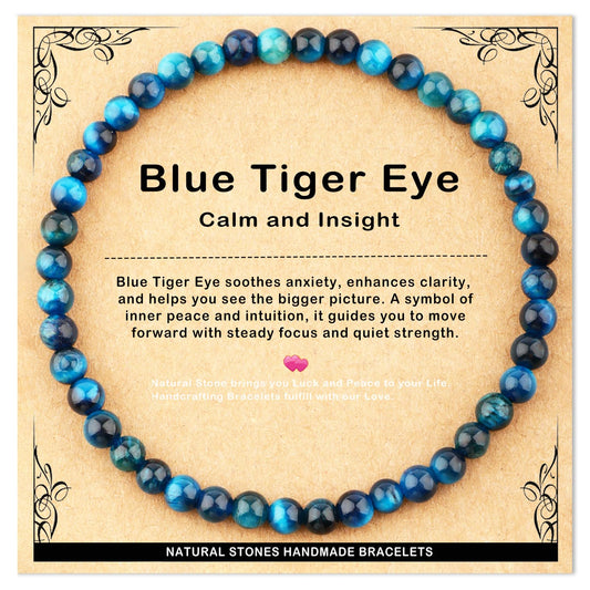AD Beads 4mm Handmade Blue Tiger Eye Elastic Bracelet – Natural Gemstone for Calm and insight – Meditation, Yoga, Healing and Energy Gift for Men Women