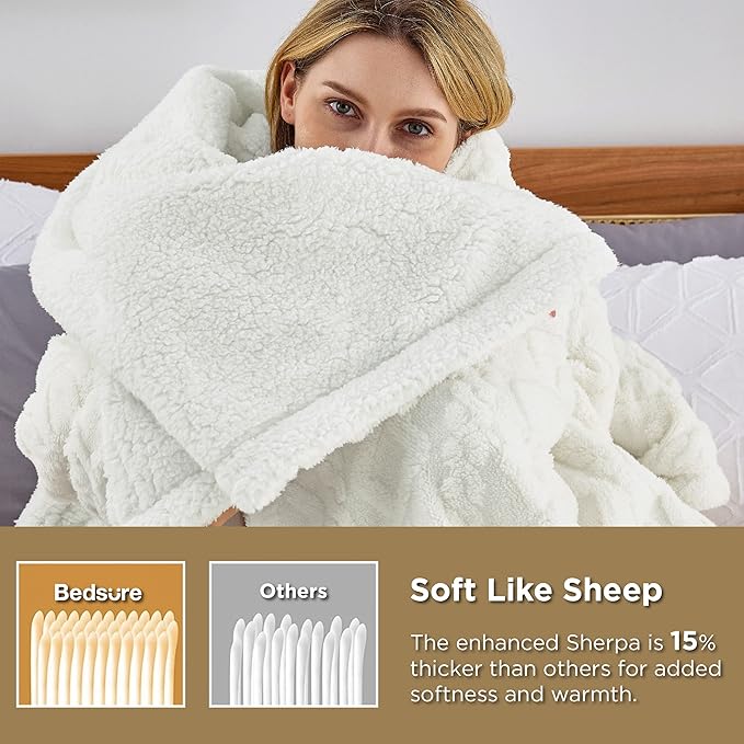 Bedsure Sherpa King Size Blanket for Bed- GentleSoft Fleece Fluffy & Cozy Cable Jacquard Tufted for Women Gift, Thick and Warm Blankets for Winter, Cream, 108x90 Inches