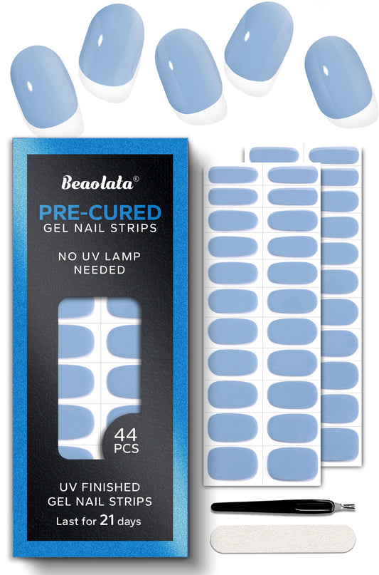 Beaolata Real Gel Nail Strips (No UV Light Needed) - 44Pcs Salon Quality Nail Stickers - Long Lasting Polish Wraps for Women, Easy Apply & Remove (Lily Blue)