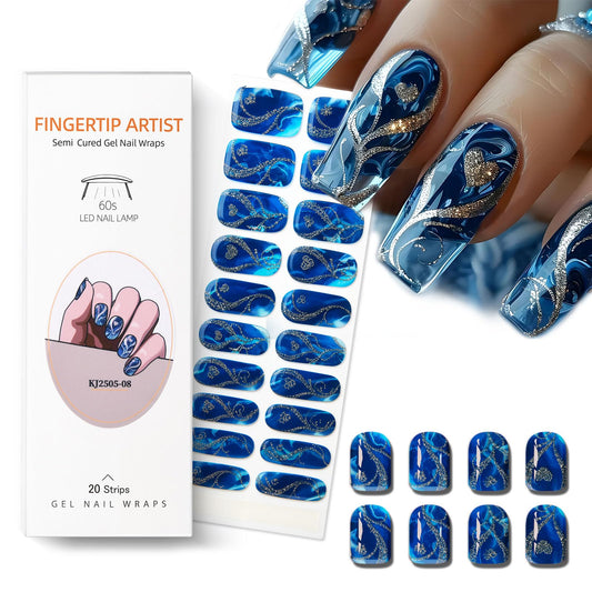 Semi Cured Gel Nail Strips with Gold Heart Designs Blue Gel Nail Strips Glossy Stickers Salon Quality & Easy to Use for Women 20 Pcs