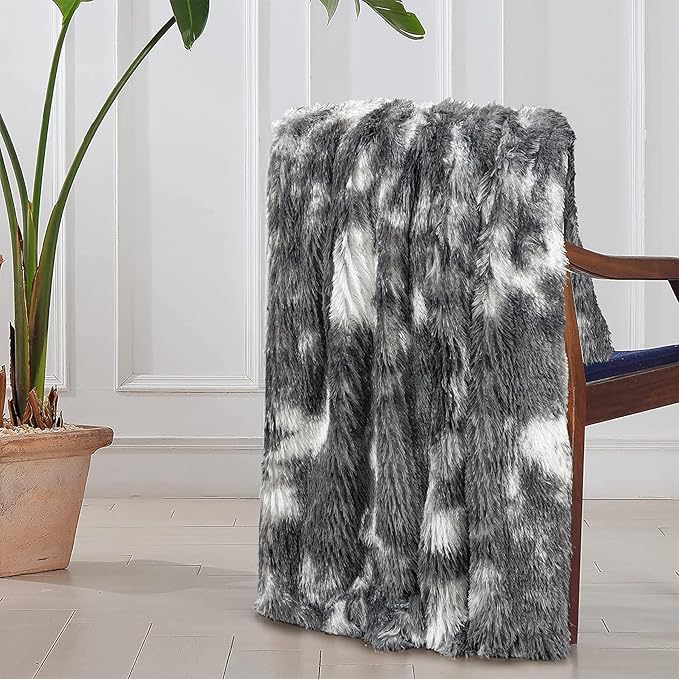 Tuddrom Decorative Extra Soft Fuzzy Faux Fur Throw Blanket 50" x 60",Solid Reversible Long Hair Shaggy Blanket,Fluffy Cozy Plush Comfy Microfiber Fleece Blanket for Couch Sofa Bedroom,Tie Dye Grey