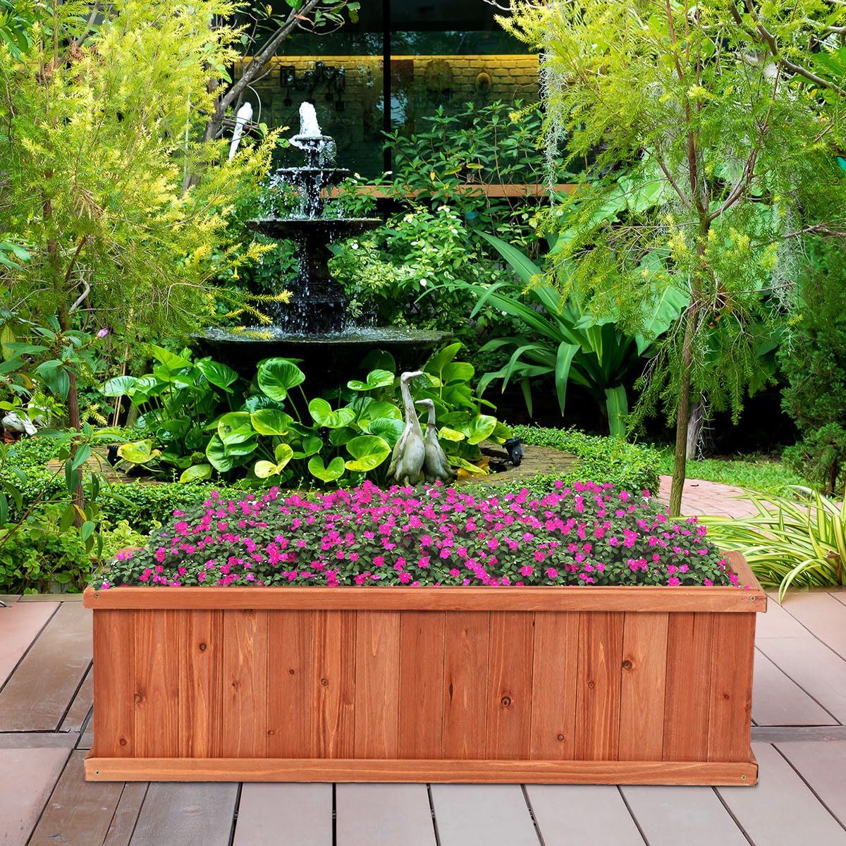 LDAILY Raised Garden Bed, Outdoor Rectangle Flower Beds with Bottom Panels & 2 Drainage Holes, Wood Planter Box for Flowers/Vegetables/Fruits in Backyard Patio (40" L x 12’’ W x 12’’ H)