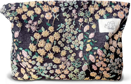 HAPPYHEIDI Women Aesthetic Travel Makeup Bag Accessory Zipper Pouch for Cosmetics, Purse Organizer, Embroidery Lucky Flowers Black