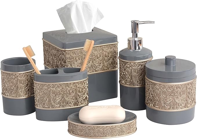 6-Piece Bathroom Accessories Set – Soap Dispenser, Toothbrush Holder, Tumbler, Soap Dish, Cotton Swab Jar & Toilet Brush – Modern Bathroom Decor Set (Gold Grey)