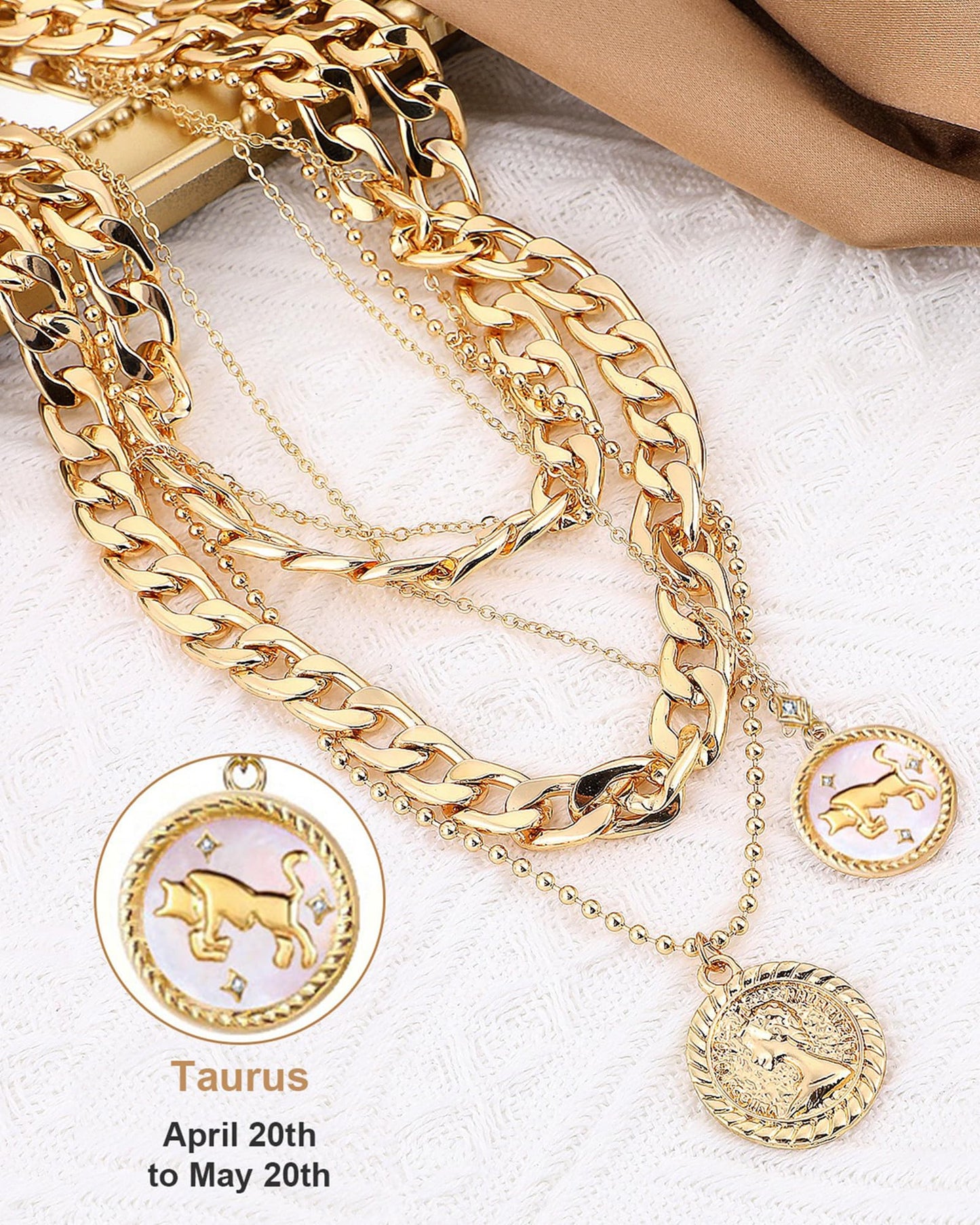 MJartoria Gold Layered Necklaces for Women Trendy Retro Coin Pendant Necklace Dainty Chunky Chain Choker Necklaces for Jewelry Birthday Gifts (Gold, Zodiac-Taurus-3PCS Layered)