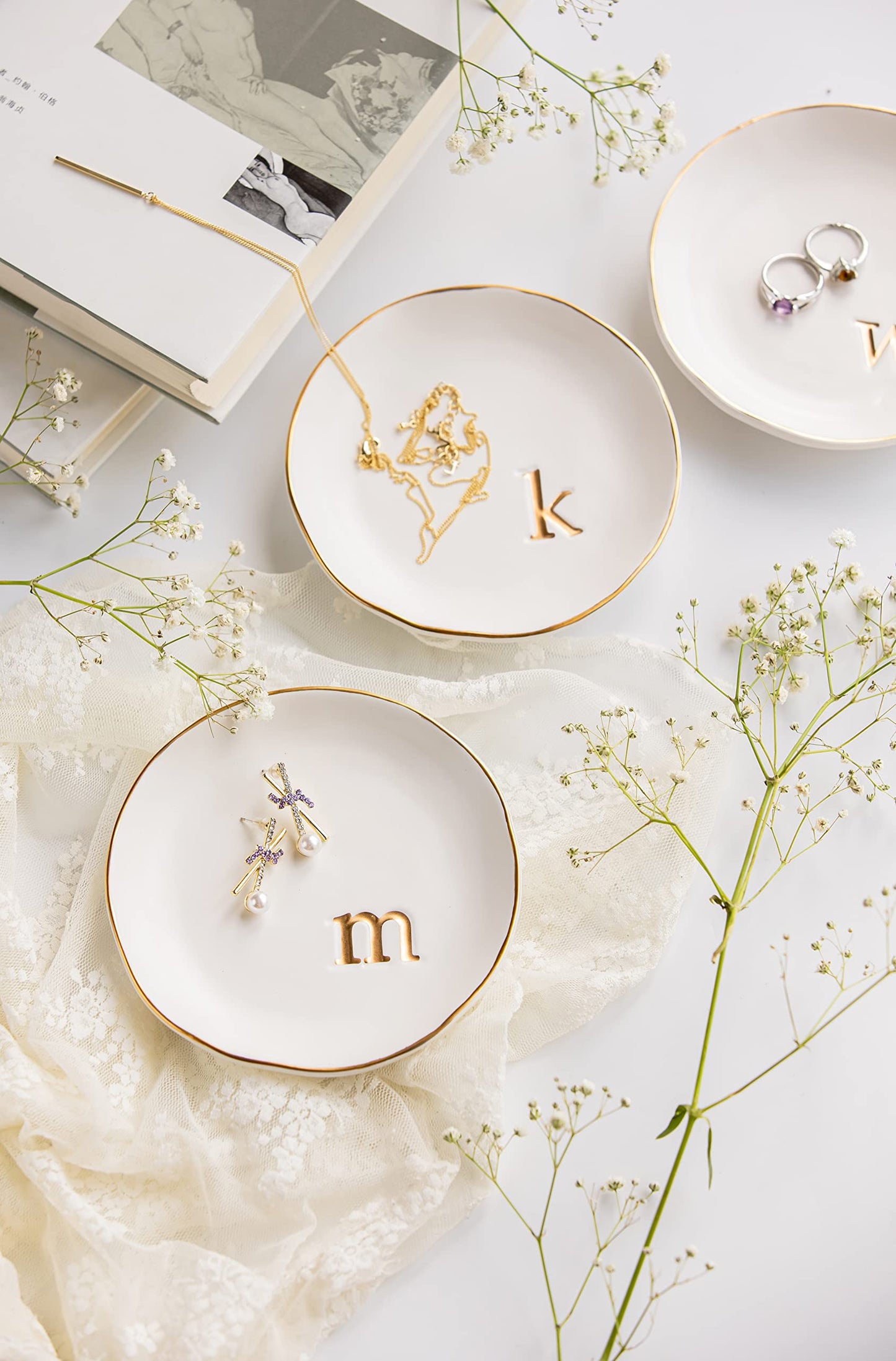 COLLECTIVE HOME - Ceramic Jewelry Tray, Decorative Trinket Dish for Rings Earrings Necklaces Bracelet Watch Keys, Birthday Mother's Day Christmas Gift for Women, 4.75", White Surface (K)