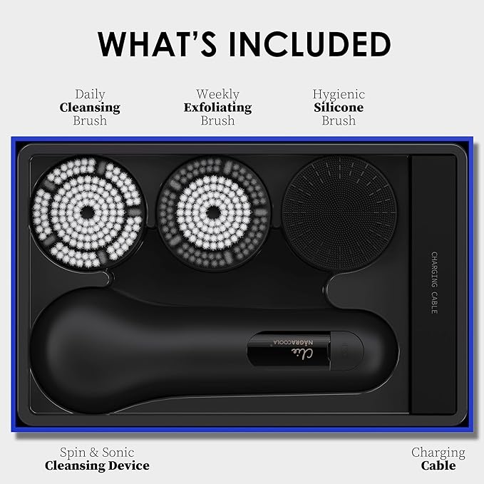Face Scrubber, NågraCoola 3.0 Facial Cleansing Brush, Waterproof & Rechargeable Face Scrub Brush for Men&Women, Electric Facial Exfoliator with 3 Brushes, 3 Intensities, 2 Action Modes - Black