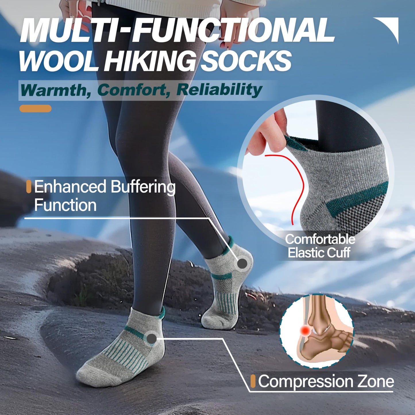 Anlisim Merino Wool Quarter Hiking Socks Compression Warm Thermal Winter Thick Cushion Running Moisture Wicking No Show Socks Gifts Stocking Stuffers for Women Men 6 Pairs(Color Mix,L)