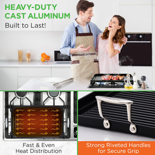 NutriChef 20"x13" Stove Top Grill Pan - Double Burner, Hard-Anodized Non stick Grill & Griddle Pan