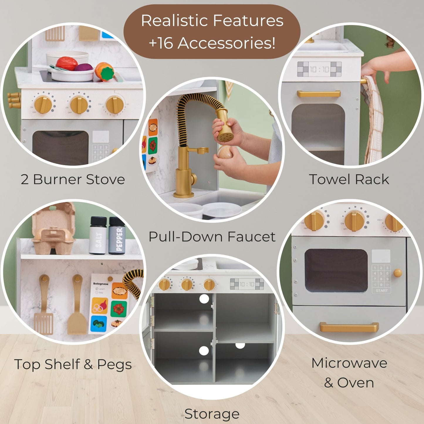 Teamson Kids Little Chef Memphis Wooden Play Kitchen for Toddlers with 16 Accessories, Realistic Pretend Cooking Set with Microwave Oven Sink Faucet Storage for Kids Ages 3+ Gray Gold Marble