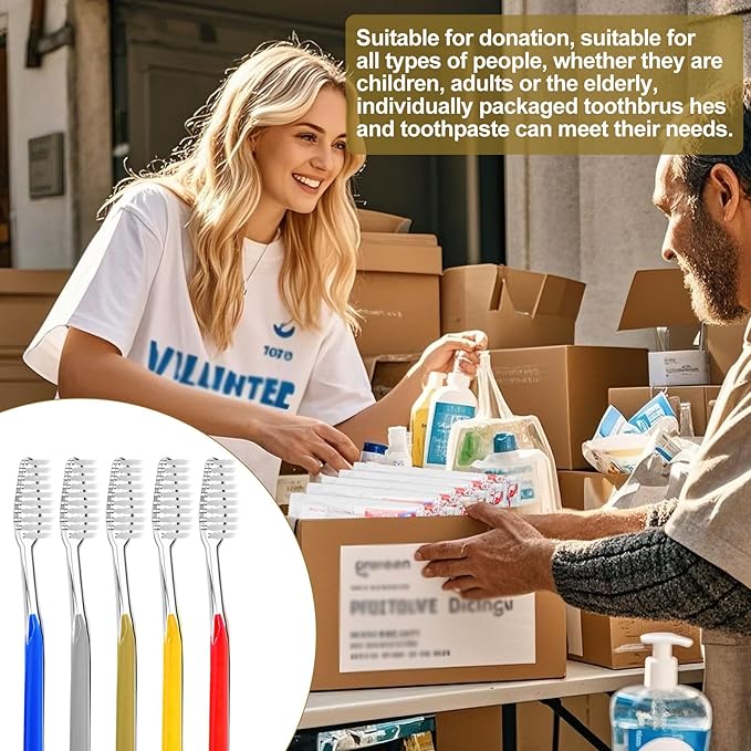 Disposable Toothbrushes with Toothpaste Individually Wrapped 5 Colors Bulk Toothbrush and Toothpaste 10g for Homeless,Shelter,Air Bnb/Hotel/Guest Apartment (50)