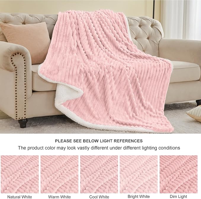 INFIIXSO Sherpa Throw Blanket for Couch - Super Soft & Warm Striped Fleece Blanket, Cozy Plush Fluffy Blanket All Season Use (Pink, 60x80 Inches)