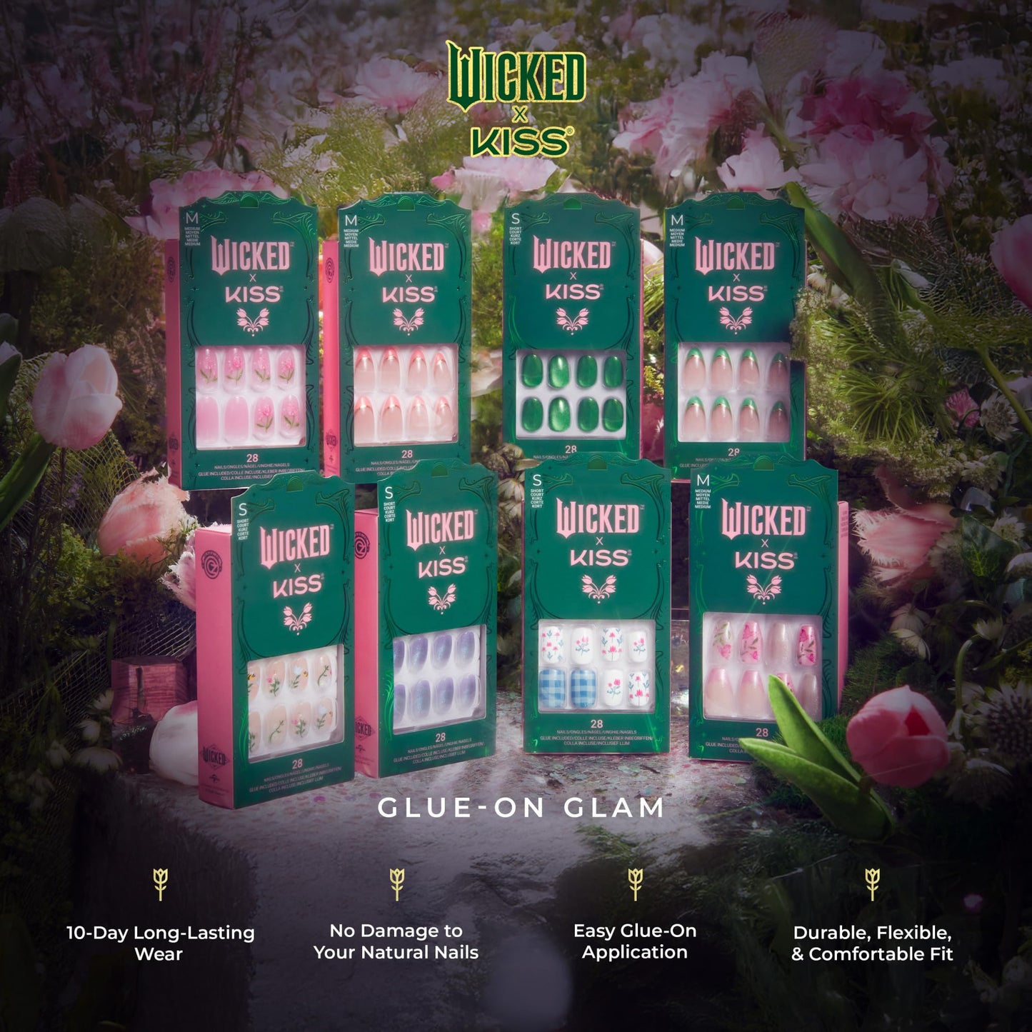 WICKED X KISS Press On Nails, ‘There's Joy’, Neutral, Short Oval, Waterproof, Chip Proof, Smudge Proof, 28 Fake Nails, Pink Gel Nail Glue (2g), Mini Nail File, & Manicure Stick